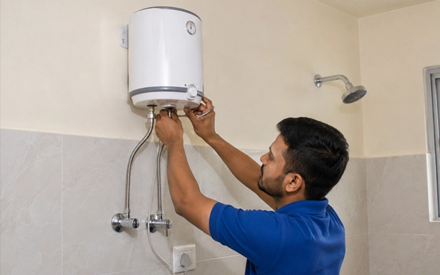 Electrician installing a wall-mounted geyser in a bathroom for LUXLINE geyser installation service in Bhopal